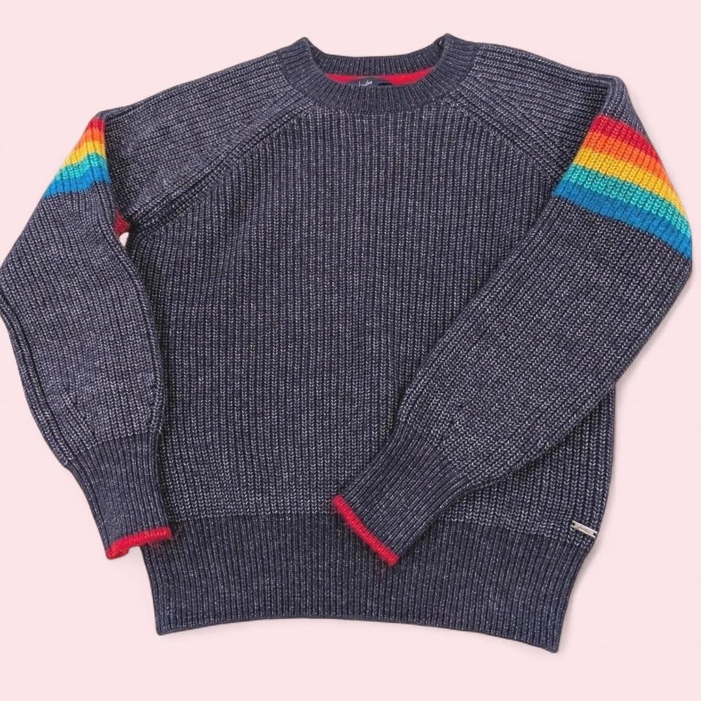 Joules Rainbow Stripe Sleeve Chunky Knit Sweater Navy Womens US 4 UK 8 Raglan
